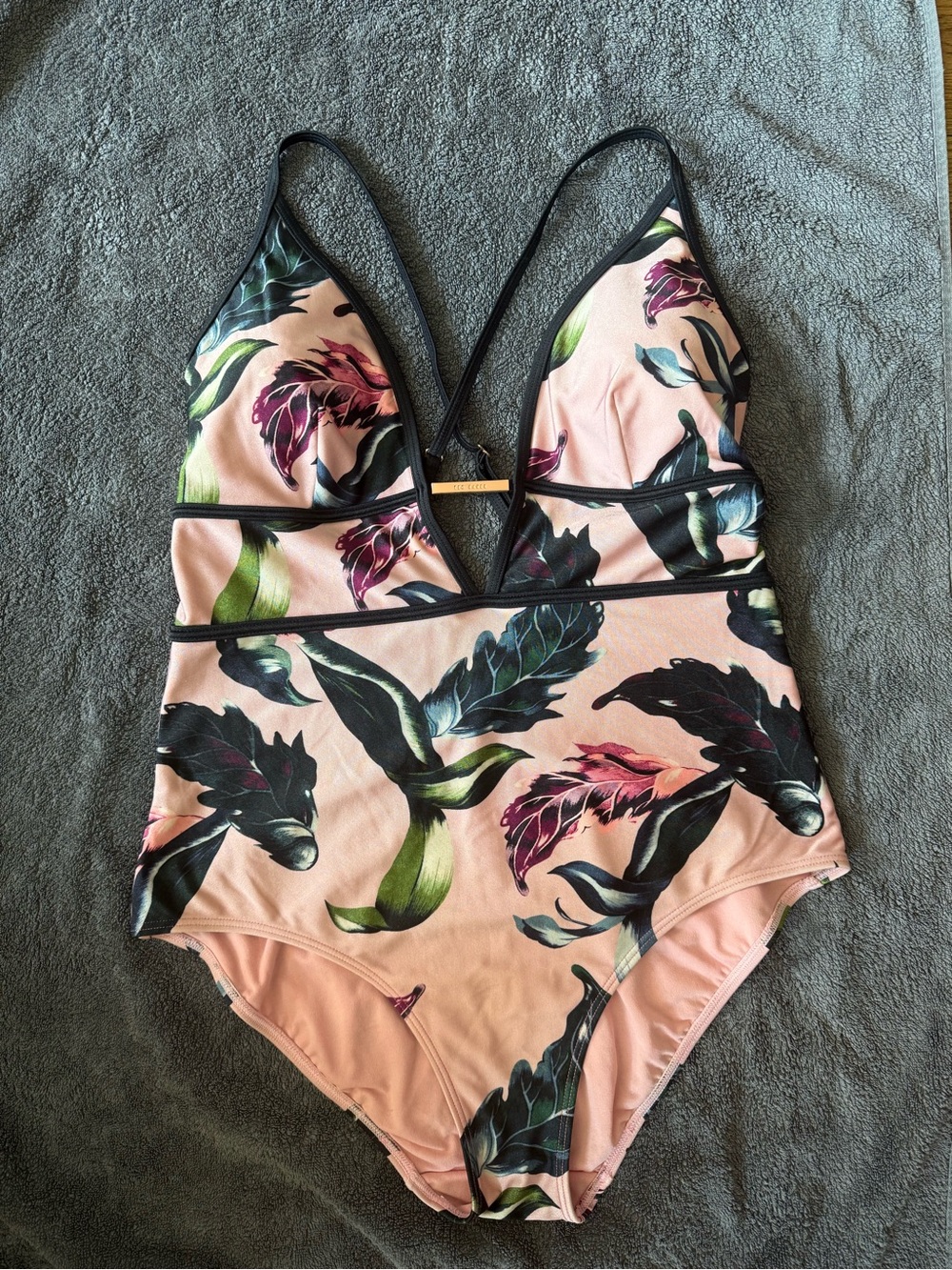 Ted Baker London Pink Floral Plunge One-Piece Swimsuit with Rose Gold Hardware